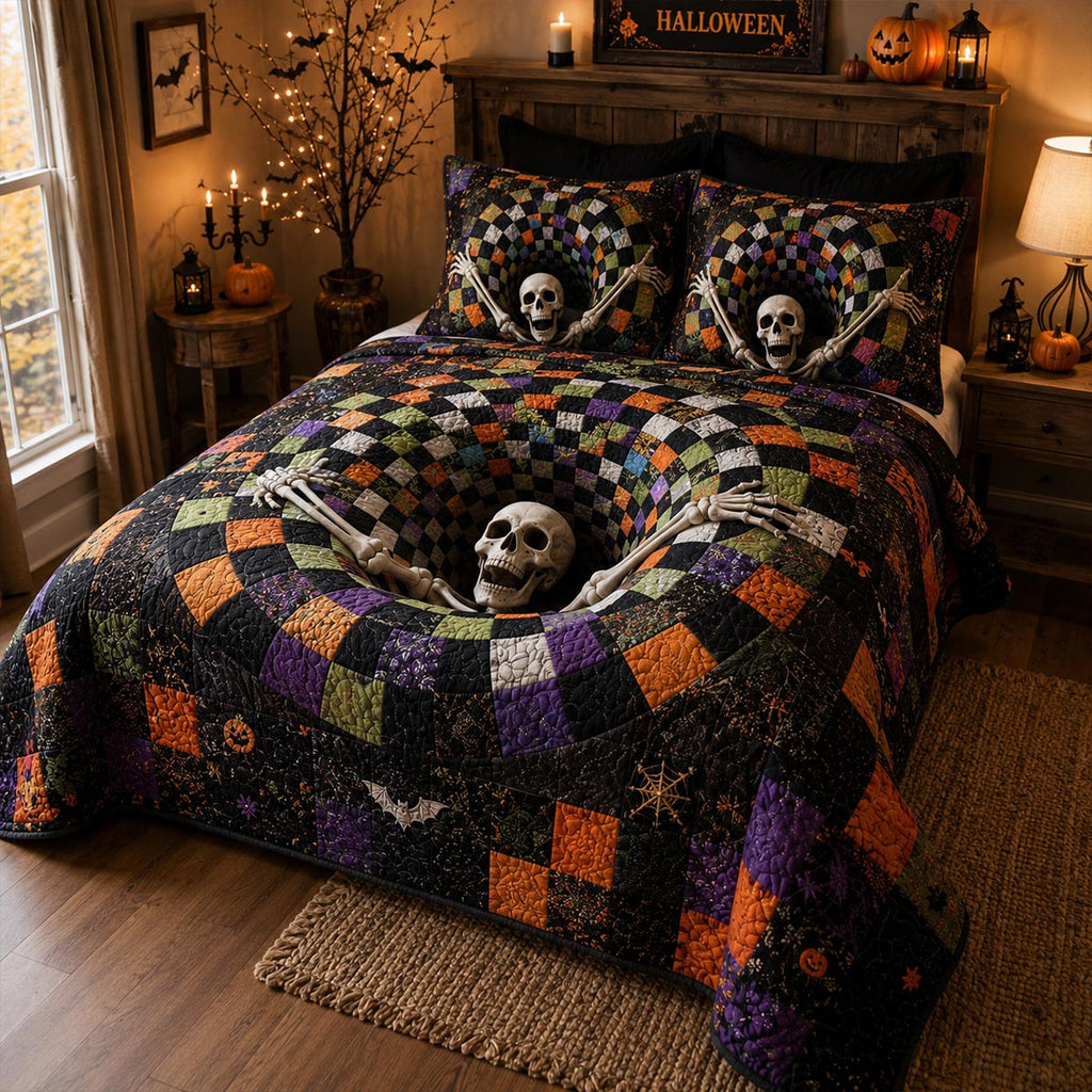 Festive Skeleton quilted 3-piece bedding set on a made bed with two matching pillow shams