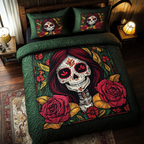 Festive Skull Flowers quilted 3-piece bedding set on a made bed with two matching pillow shams