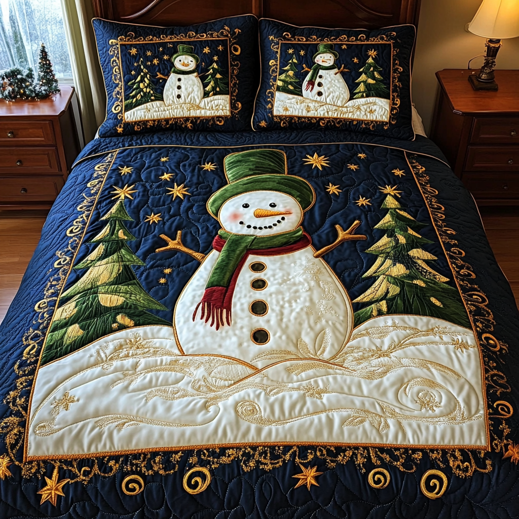 Festive Snowman quilted 3-piece bedding set on a made bed with two matching pillow shams
