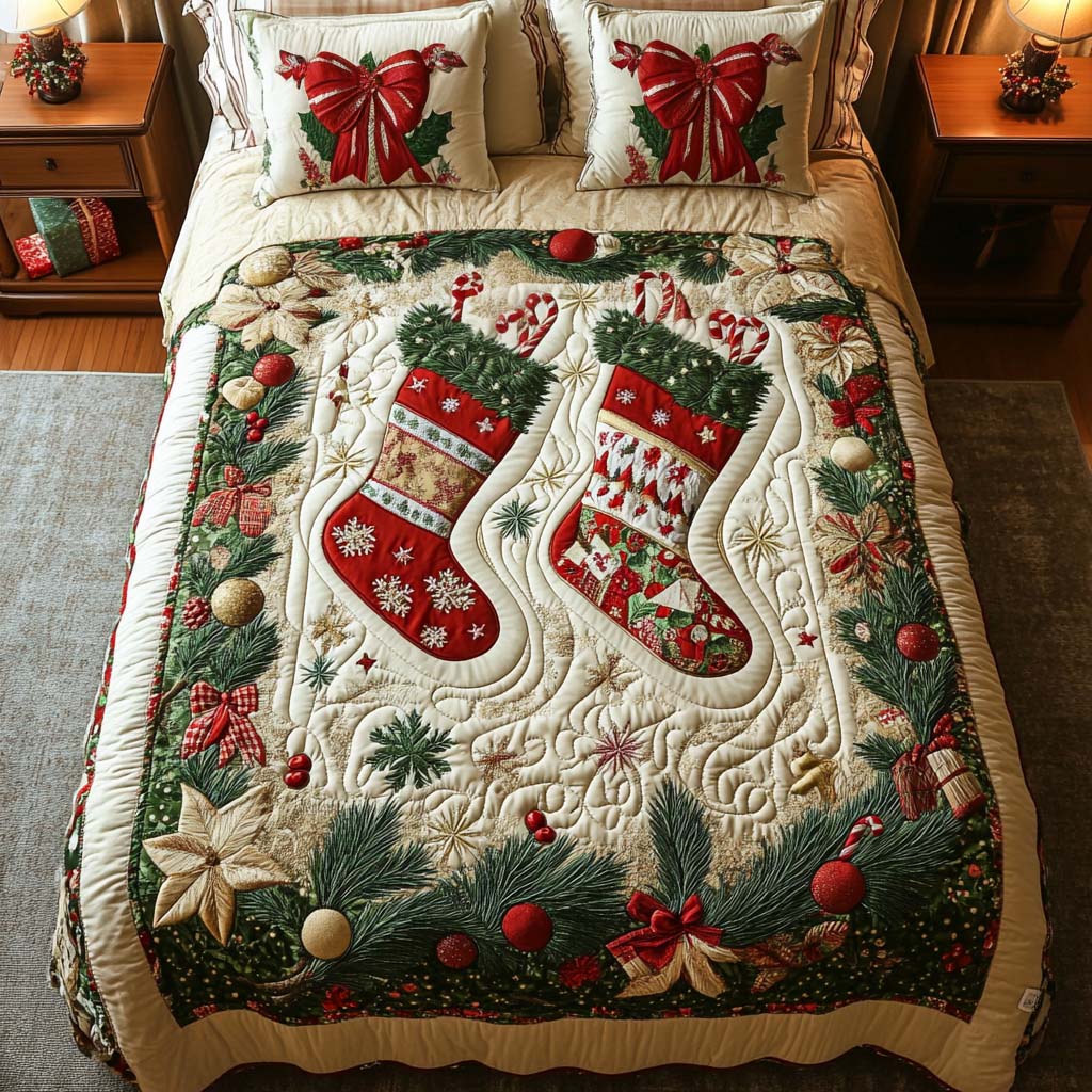 Festive Stockings Christmas quilted 3-piece bedding set on a made bed with two matching pillow shams