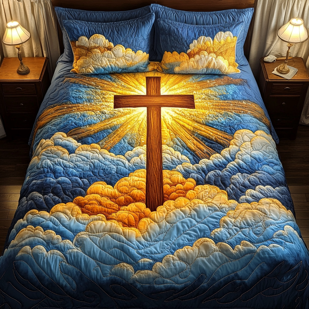 Fields Of Faith quilted 3-piece bedding set on a made bed with two matching pillow shams