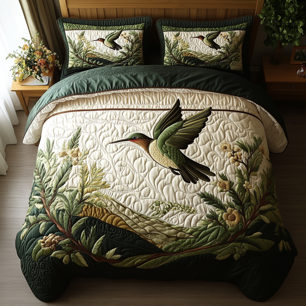 Flight Of Joy Animal quilted 3-piece bedding set on a made bed with two matching pillow shams