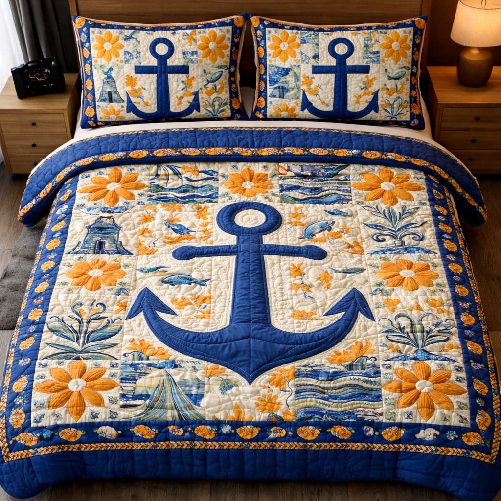 Floral Anchor quilted 3-piece bedding set on a made bed with two matching pillow shams