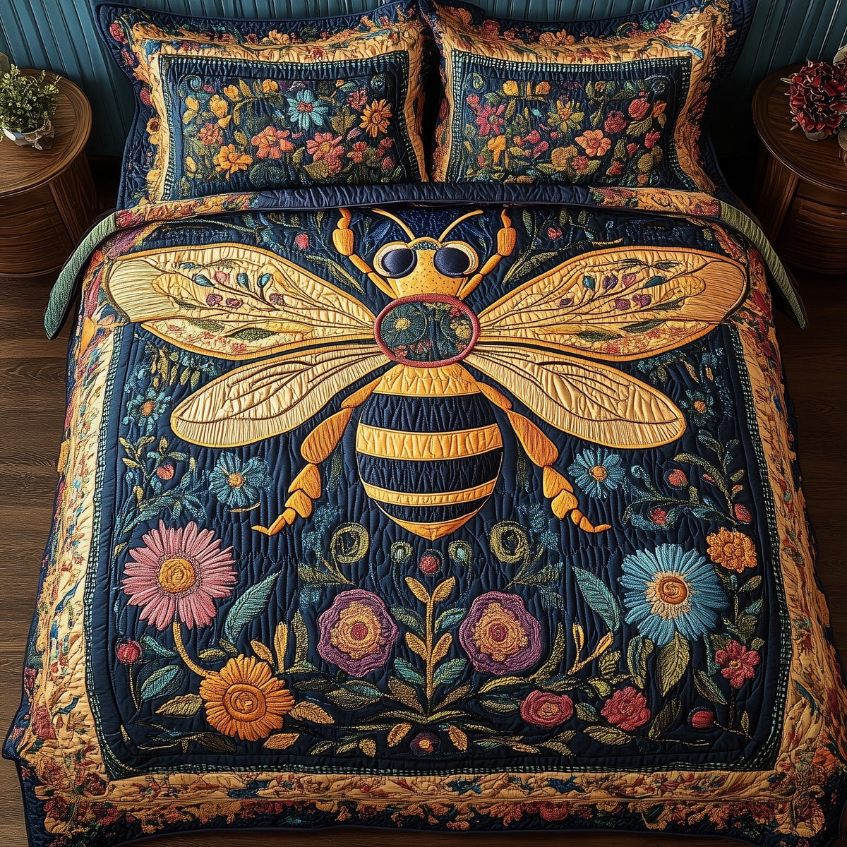 Floral Bee quilted 3-piece bedding set on a made bed with two matching pillow shams