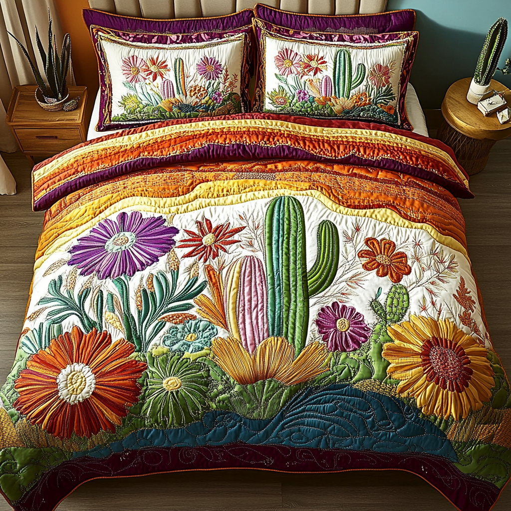 Floral Bliss Bloom quilted 3-piece bedding set on a made bed with two matching pillow shams