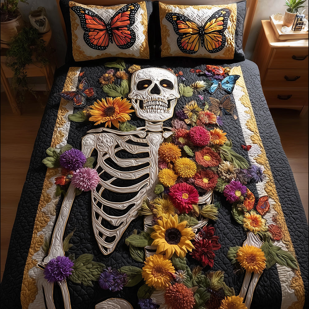 Floral Bones quilted 3-piece bedding set on a made bed with two matching pillow shams