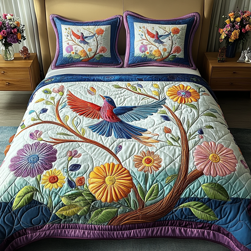 Floral Essence Animal quilted 3-piece bedding set on a made bed with two matching pillow shams