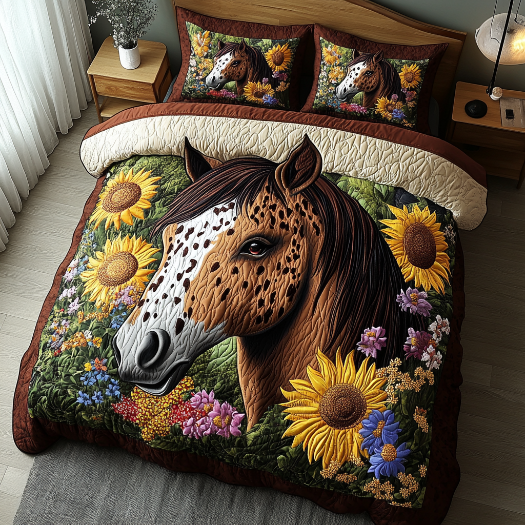 Floral Harmony Animal quilted 3-piece bedding set on a made bed with two matching pillow shams