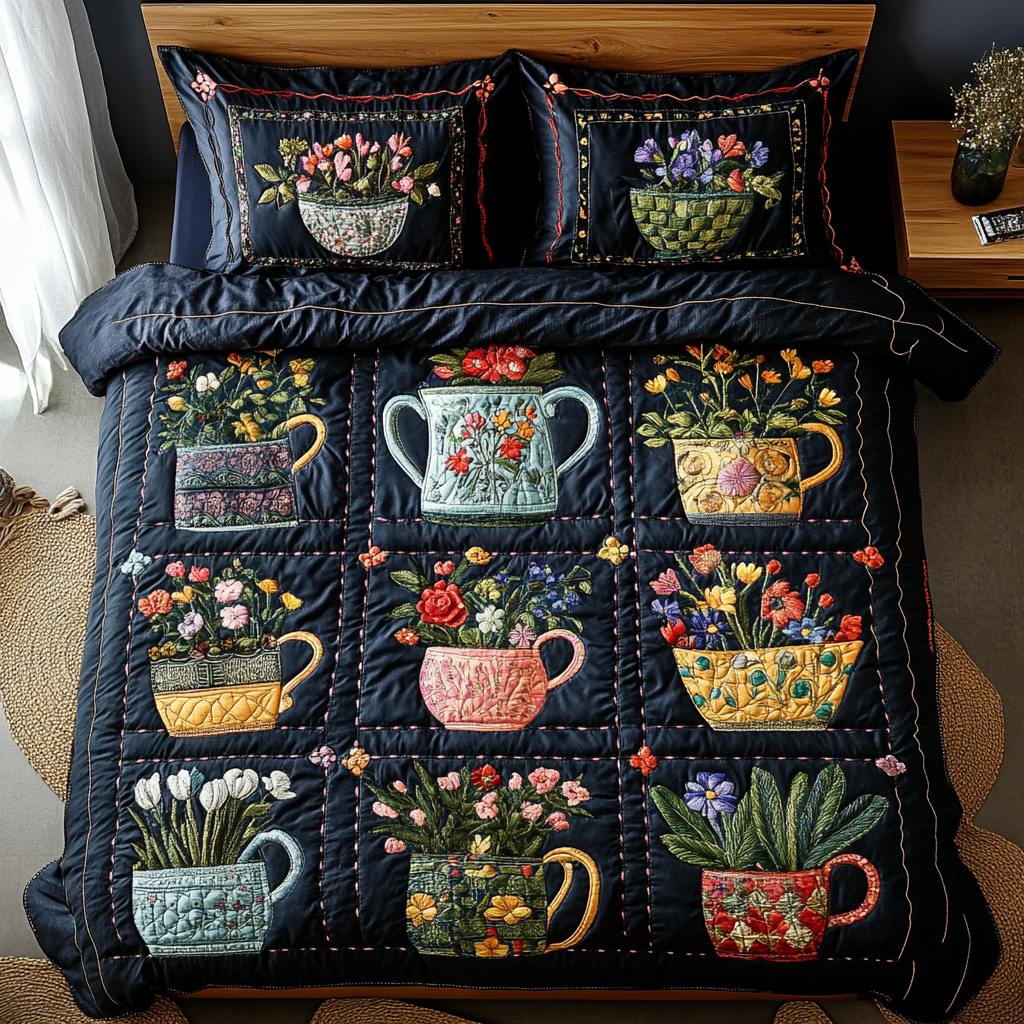 Floral Mugs quilted 3-piece bedding set on a made bed with two matching pillow shams