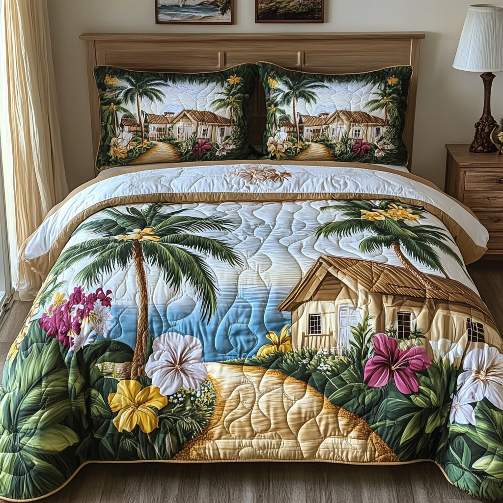 Floral Paradise Beach quilted 3-piece bedding set on a made bed with two matching pillow shams