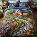 Floral Pathway quilted 3-piece bedding set on a made bed with two matching pillow shams