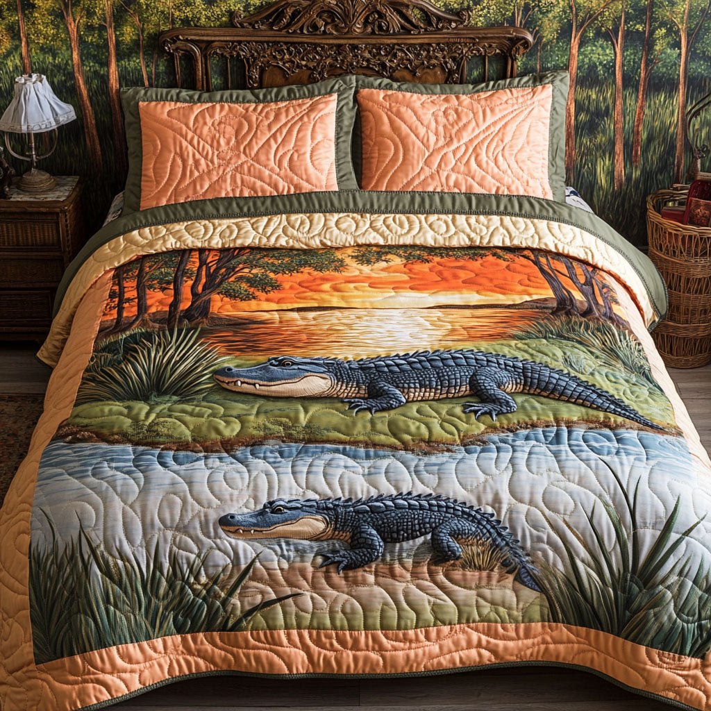 Florida Wild Alligator quilted 3-piece bedding set on a made bed with two matching pillow shams