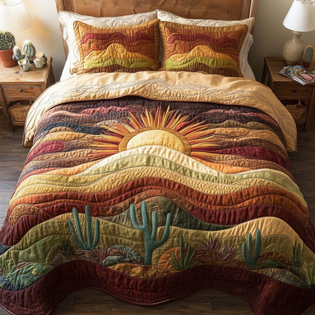 Flowered Oasis quilted 3-piece bedding set on a made bed with two matching pillow shams