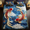 Flowing Koi quilted 3-piece bedding set on a made bed with two matching pillow shams
