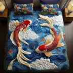 Flowing Koi quilted 3-piece bedding set on a made bed with two matching pillow shams