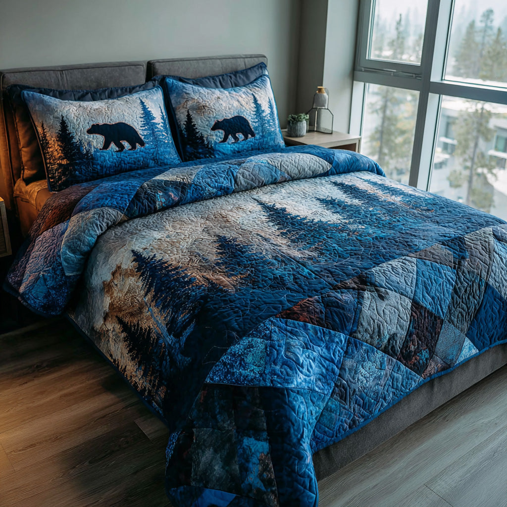 Forest Bear quilted 3-piece bedding set on a made bed with two matching pillow shams