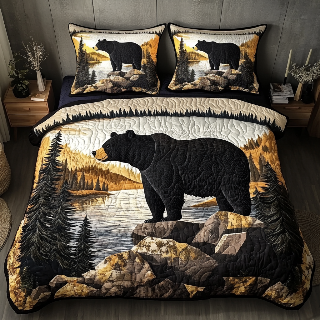 Forest Bear Bedspread quilted 3-piece bedding set on a made bed with two matching pillow shams