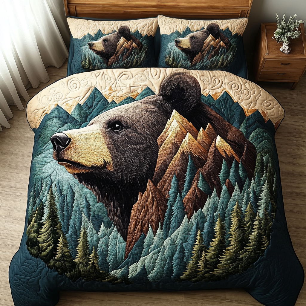 Forest Bear Grizzly quilted 3-piece bedding set on a made bed with two matching pillow shams