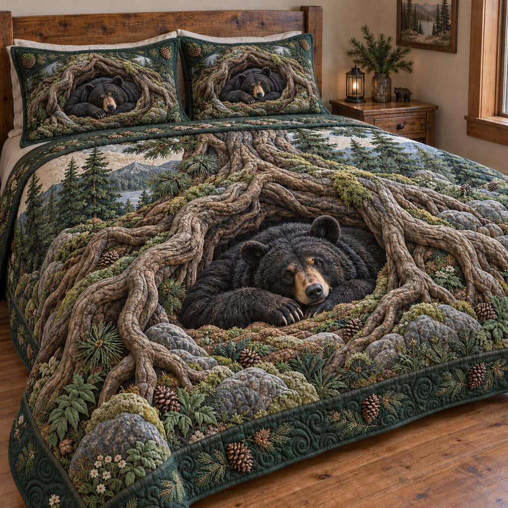 Forest Bear Haven quilted 3-piece bedding set on a made bed with two matching pillow shams