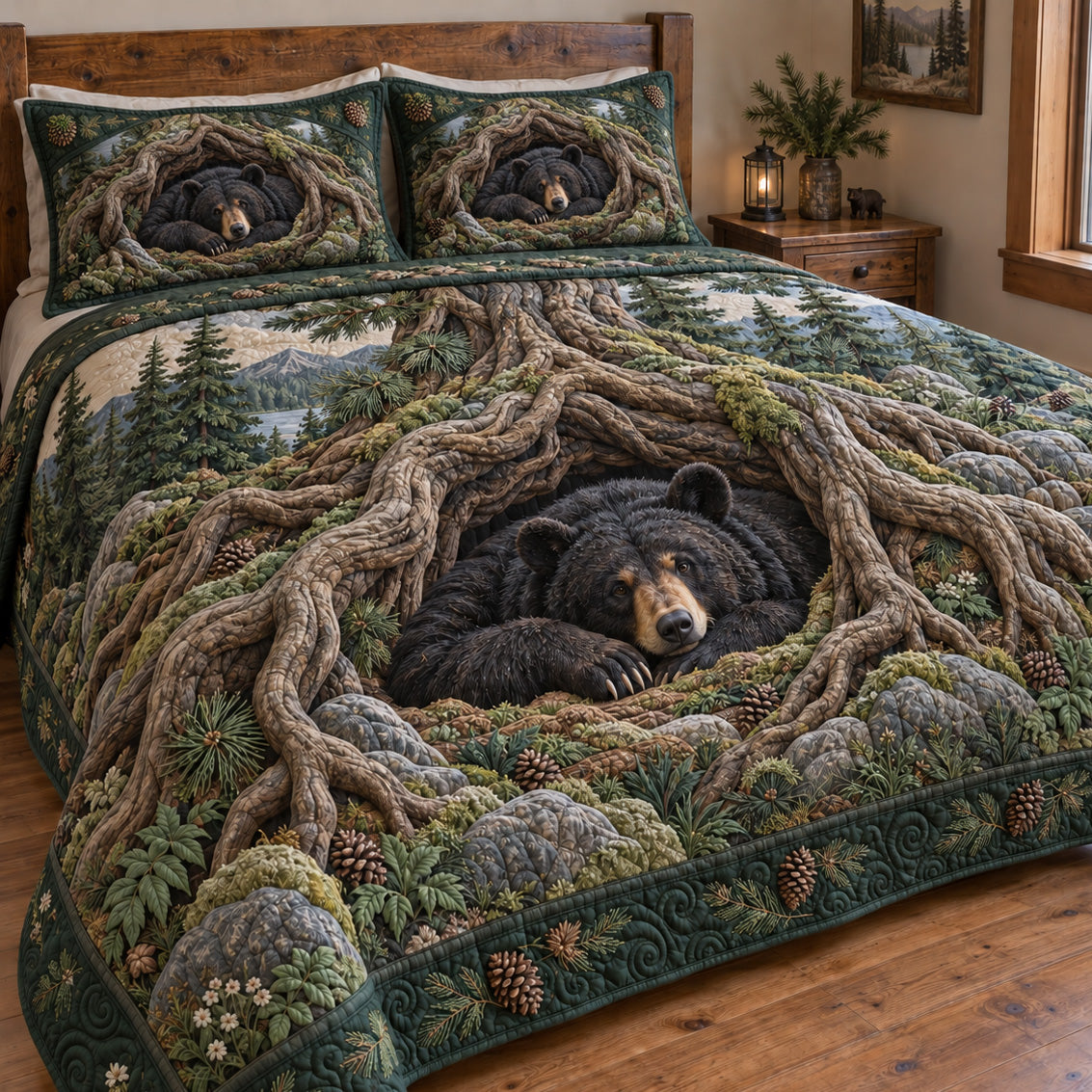 Forest Bear Haven quilted 3-piece bedding set on a made bed with two matching pillow shams
