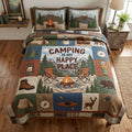 Forest Companions Camp Fire quilted 3-piece bedding set on a made bed with two matching pillow shams