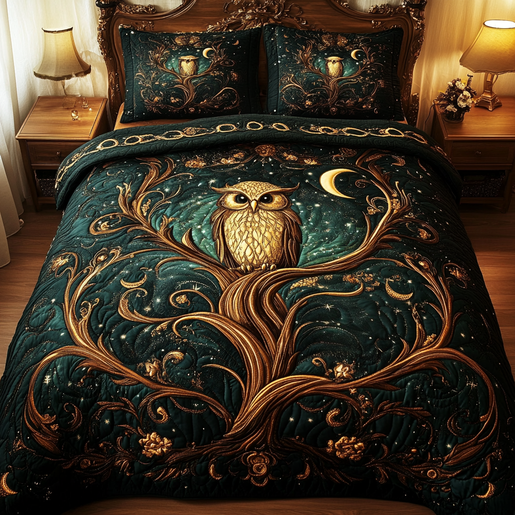 Forest Guardian quilted 3-piece bedding set on a made bed with two matching pillow shams