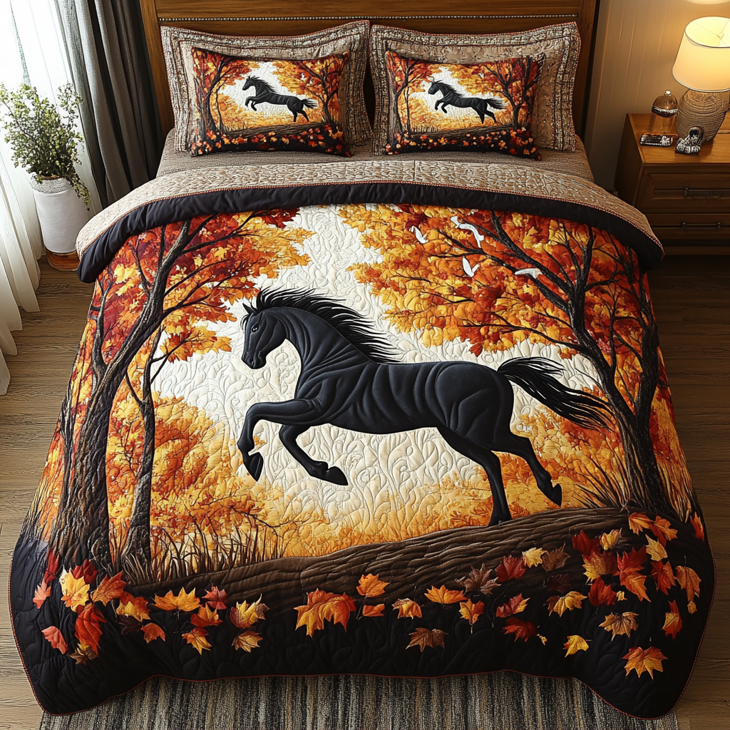 Forest Horse Animal quilted 3-piece bedding set on a made bed with two matching pillow shams
