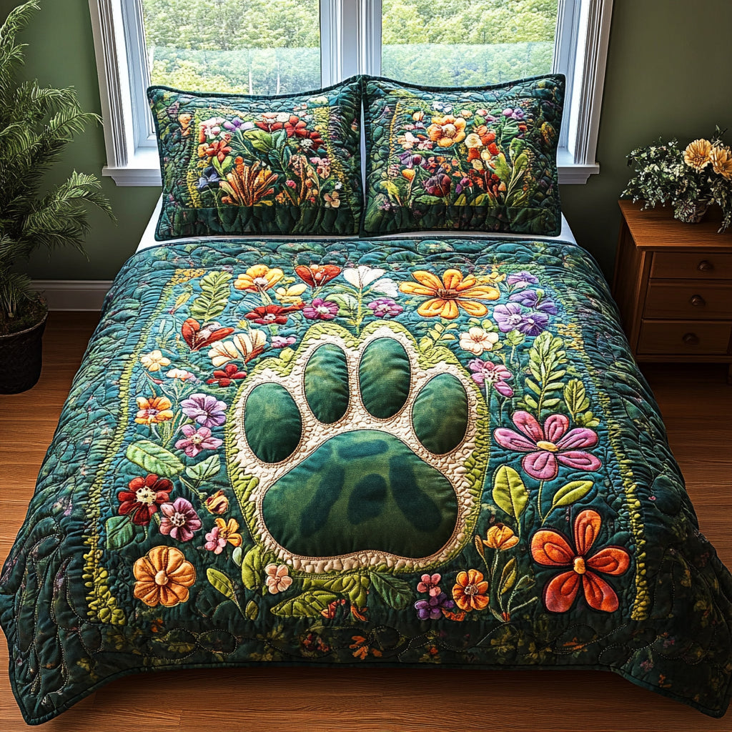 Forest Paws Animal quilted 3-piece bedding set on a made bed with two matching pillow shams
