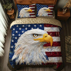 Freedom Flight quilted 3-piece bedding set on a made bed with two matching pillow shams
