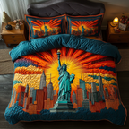 Freedom Icon quilted 3-piece bedding set on a made bed with two matching pillow shams