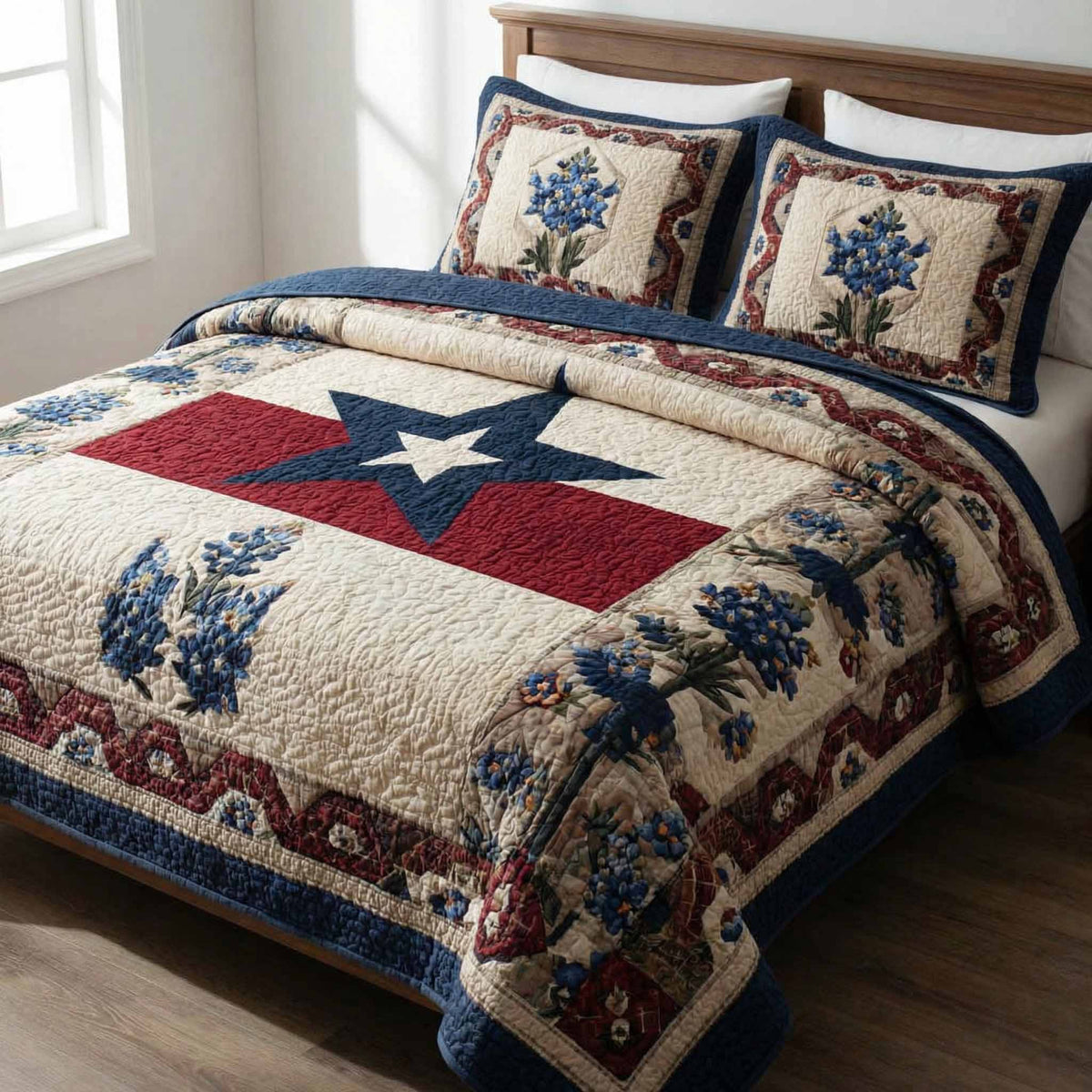 Frontier Star Americana quilted 3-piece bedding set on a made bed with two matching pillow shams