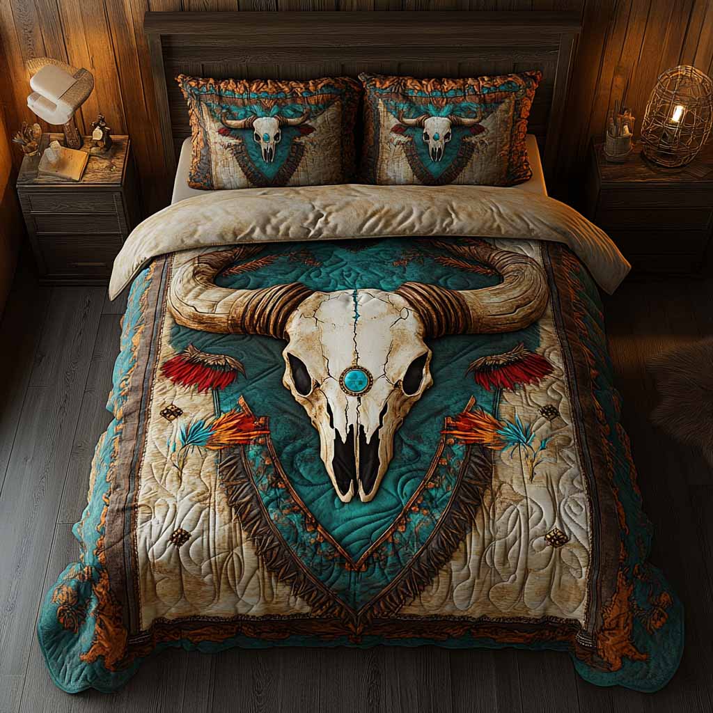 Frontier Totem quilted 3-piece bedding set on a made bed with two matching pillow shams