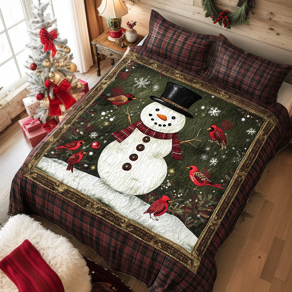 Frosted Joy Christmas Tree quilted 3-piece bedding set on a made bed with two matching pillow shams