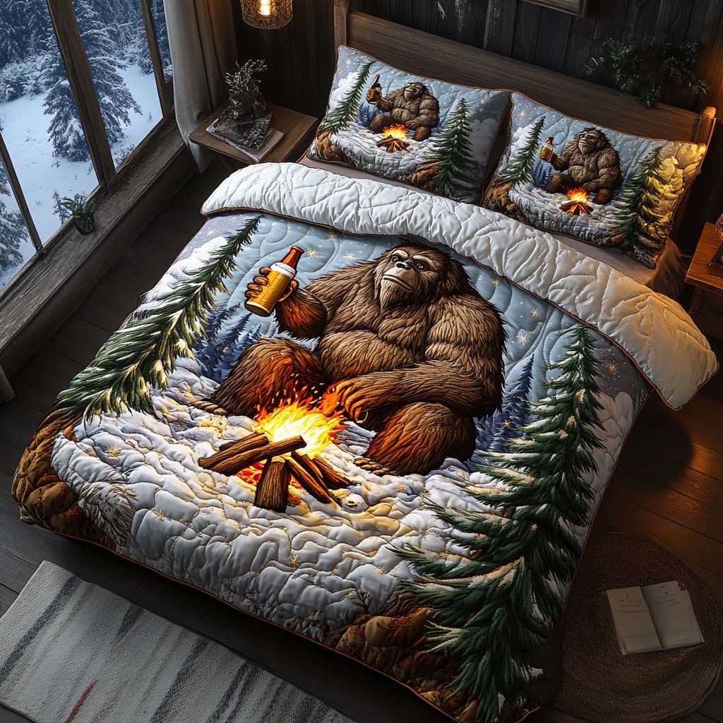Frosty Cheers quilted 3-piece bedding set on a made bed with two matching pillow shams