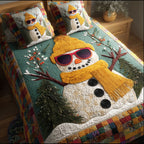 Frosty Glow Christmas quilted 3-piece bedding set on a made bed with two matching pillow shams