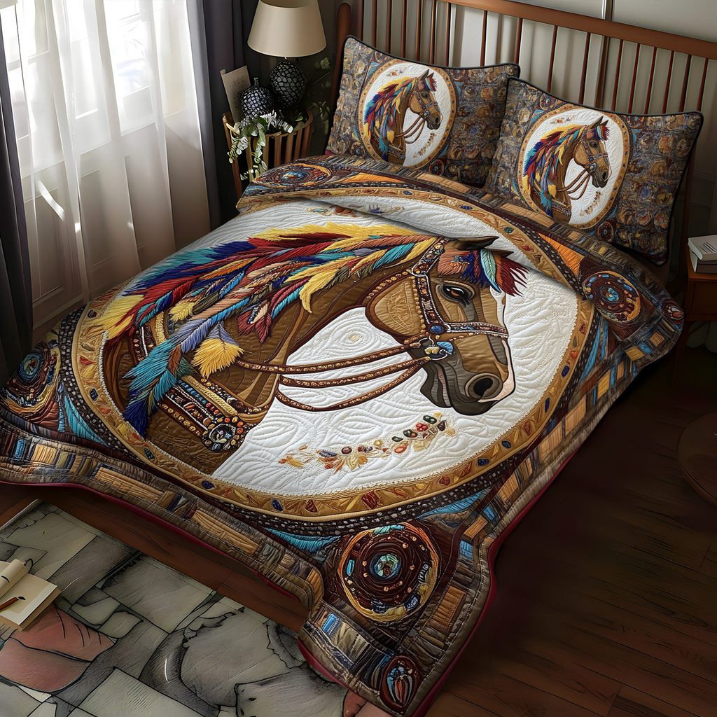 Galloping Grace Southwest quilted 3-piece bedding set on a made bed with two matching pillow shams
