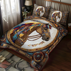 Galloping Grace Southwest quilted 3-piece bedding set on a made bed with two matching pillow shams