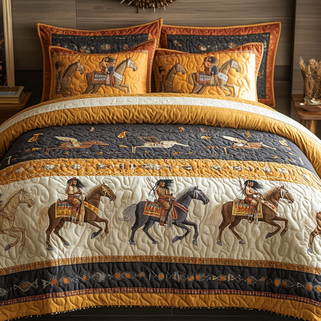 Galloping Heritage Southwest quilted 3-piece bedding set on a made bed with two matching pillow shams