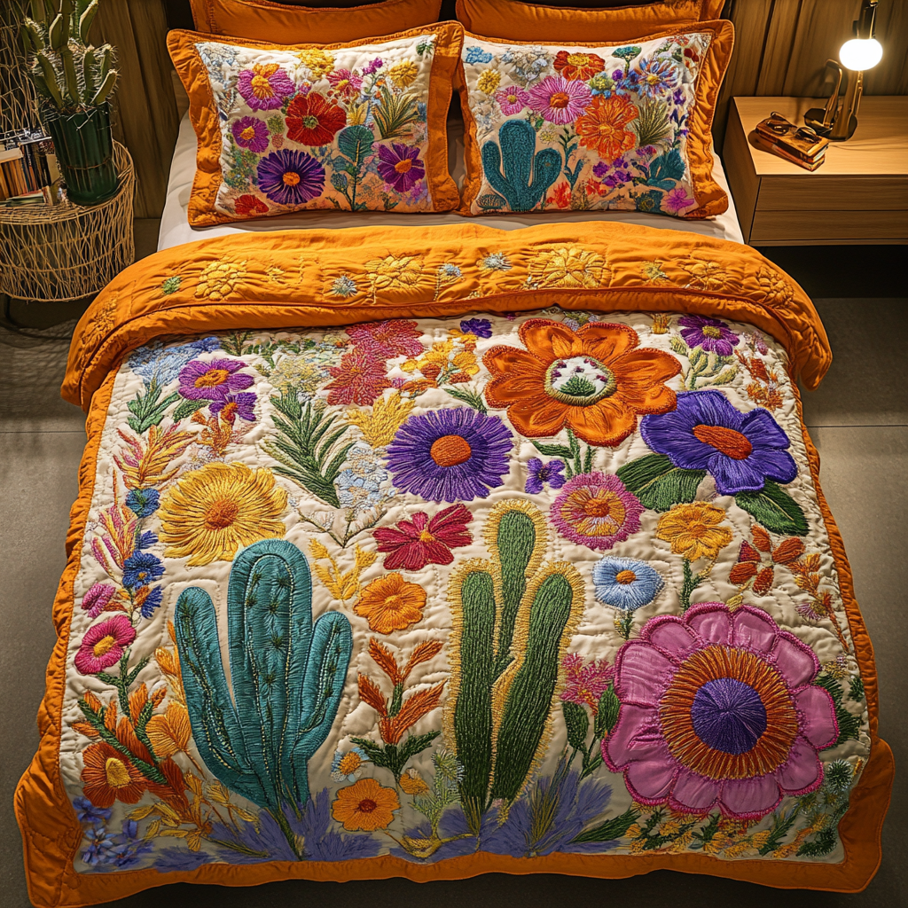 Garden Glow Bloom quilted 3-piece bedding set on a made bed with two matching pillow shams