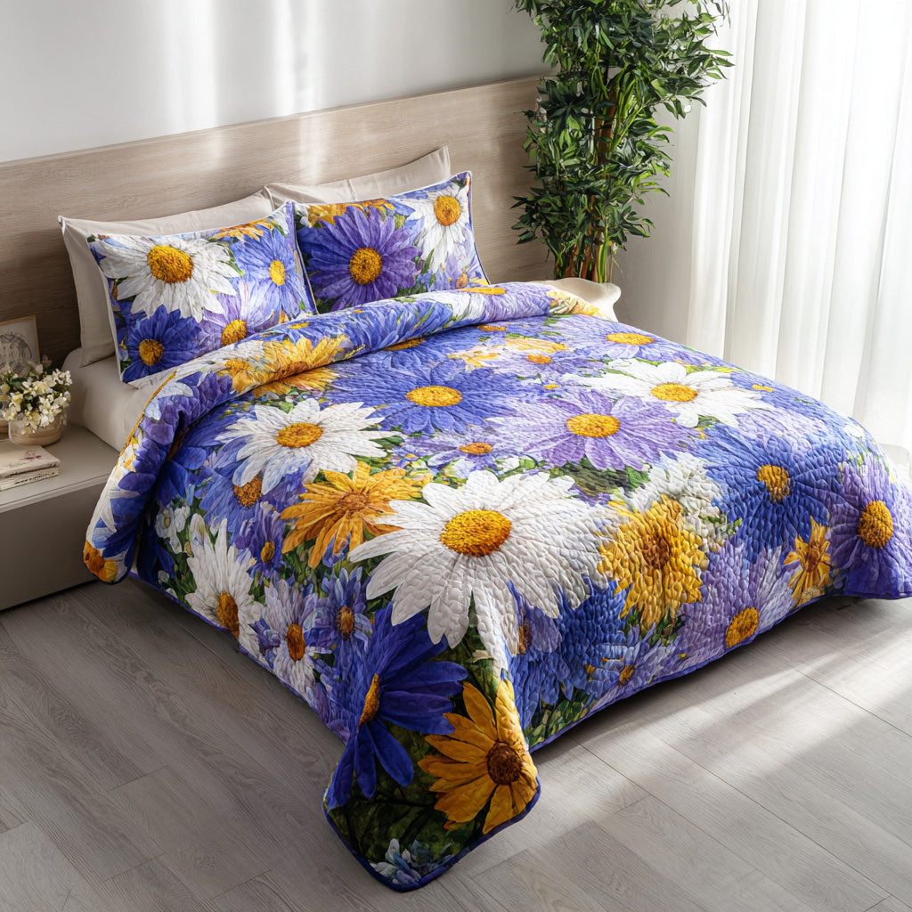 Garden Glow Daisy quilted 3-piece bedding set on a made bed with two matching pillow shams