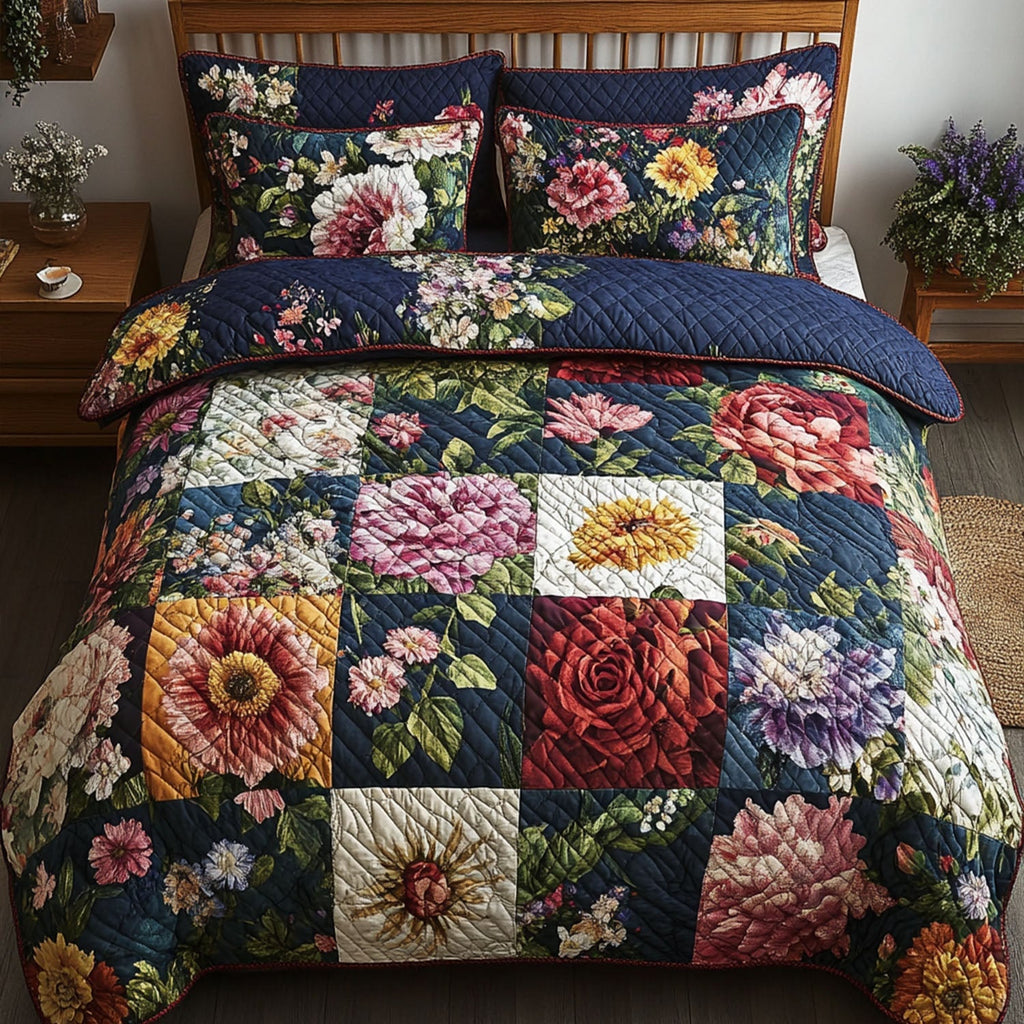 Garden Harmony Patchwork quilted 3-piece bedding set on a made bed with two matching pillow shams