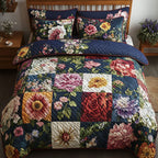 Garden Harmony Patchwork quilted 3-piece bedding set on a made bed with two matching pillow shams