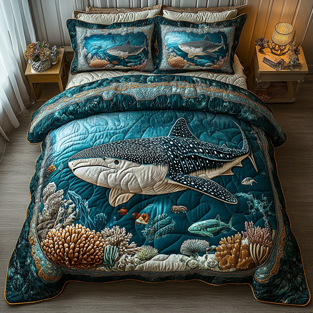 Gentle Giant Ocean quilted 3-piece bedding set on a made bed with two matching pillow shams
