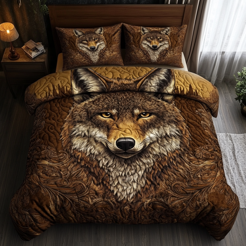 Ghost Of The Desert quilted 3-piece bedding set on a made bed with two matching pillow shams