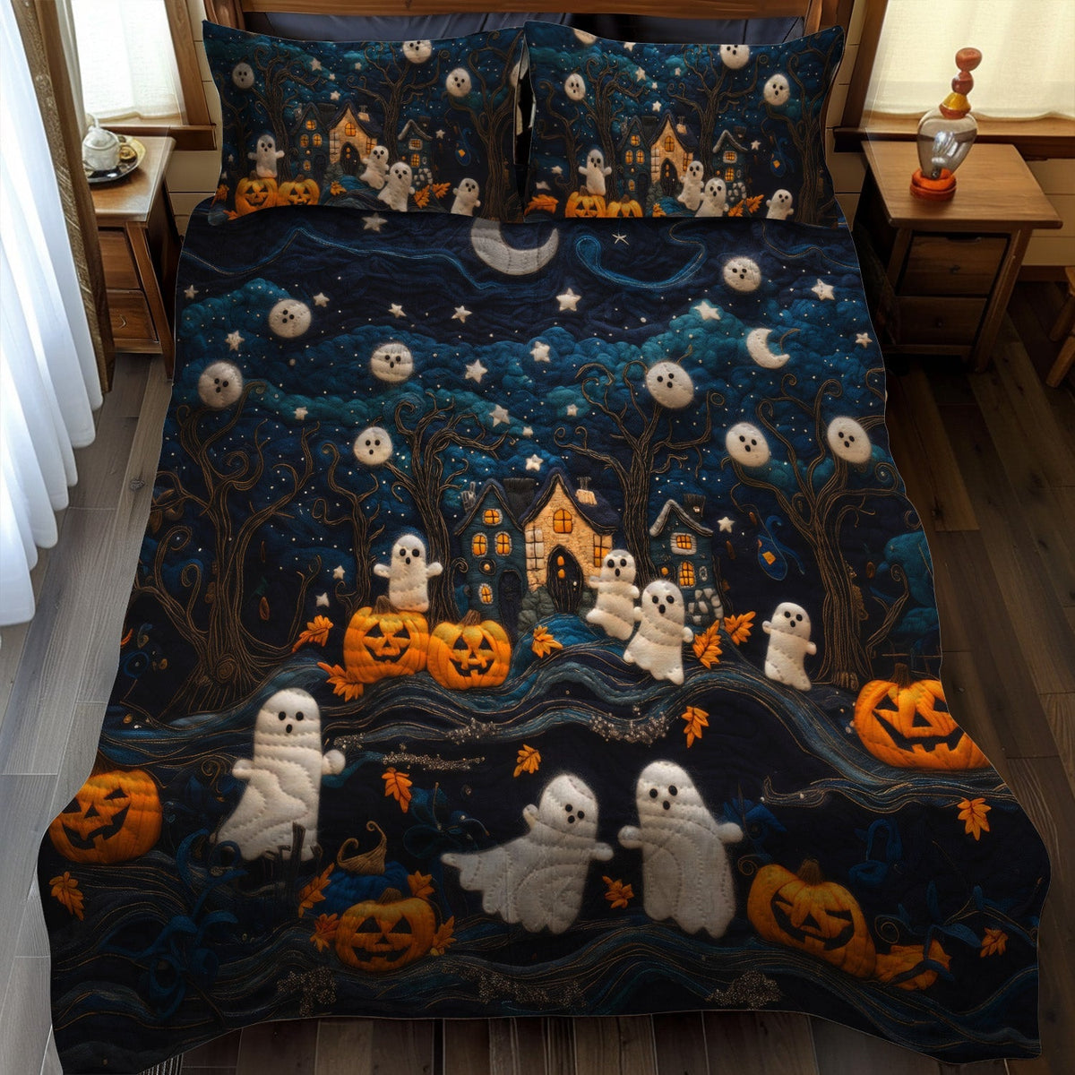 Ghostly Garden quilted 3-piece bedding set on a made bed with two matching pillow shams
