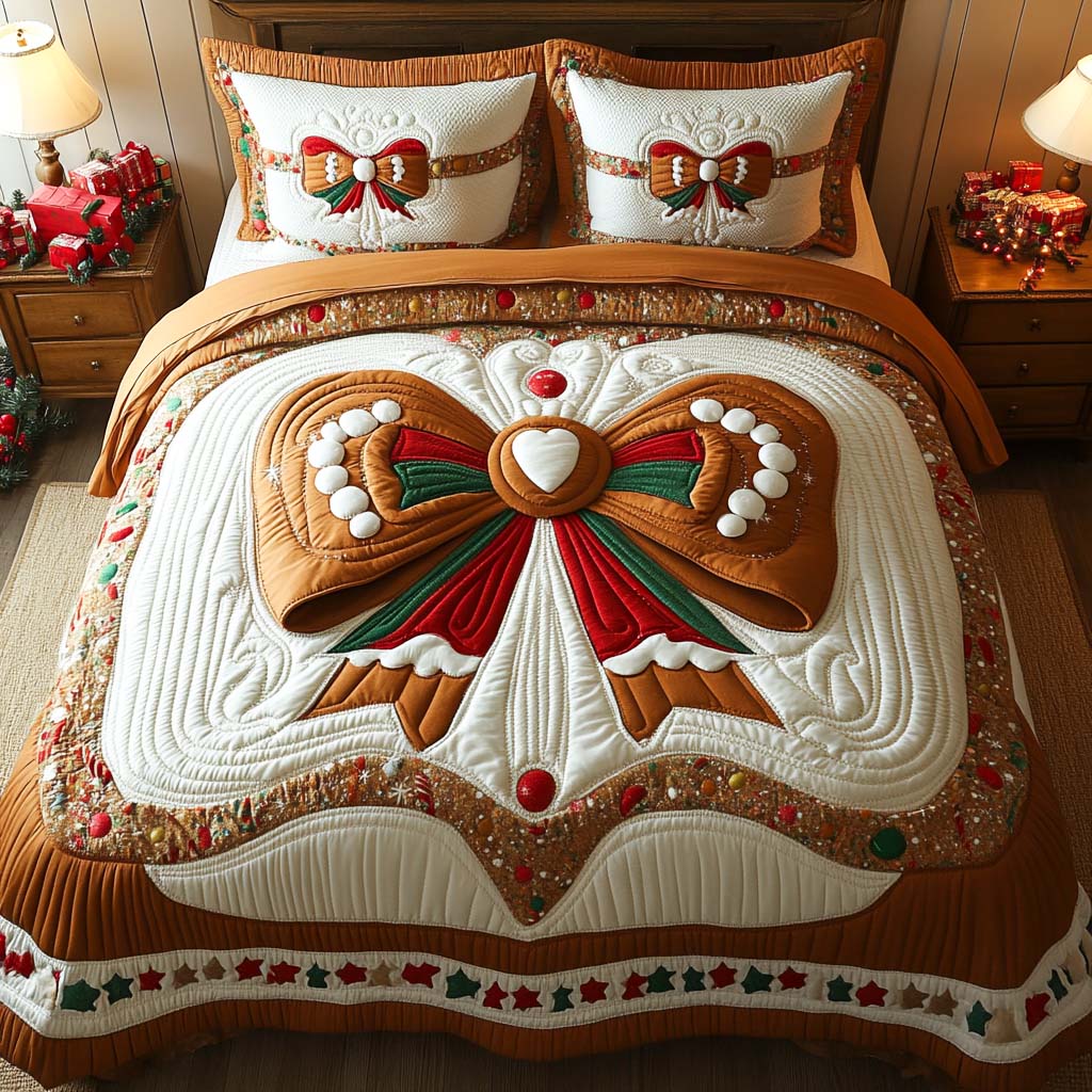 Gingerbread Bow quilted 3-piece bedding set on a made bed with two matching pillow shams