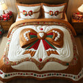Gingerbread Bow quilted 3-piece bedding set on a made bed with two matching pillow shams