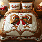 Gingerbread Bow quilted 3-piece bedding set on a made bed with two matching pillow shams