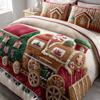 Gingerbread Cozy Lane quilted 3-piece bedding set on a made bed with two matching pillow shams