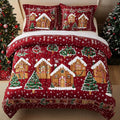 Gingerbread Village Christmas quilted 3-piece bedding set on a made bed with two matching pillow shams